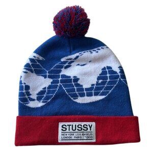 RARE Stussy Globe New York LA Tokyo London Beanie with Pom